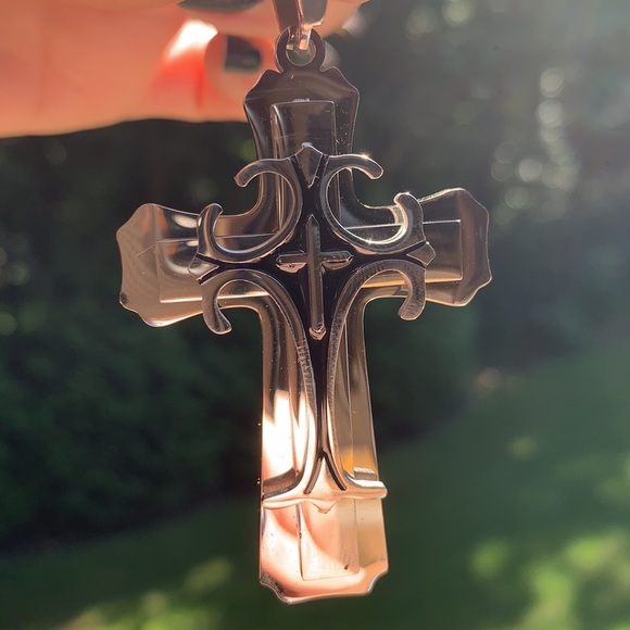 New Two Tone Stainless Steel Cross w/ Large Bail - Picture 5 of 10